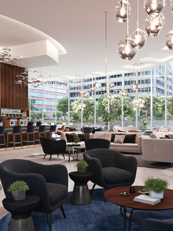 Black and tan armchairs and couches at Union Station Bar
