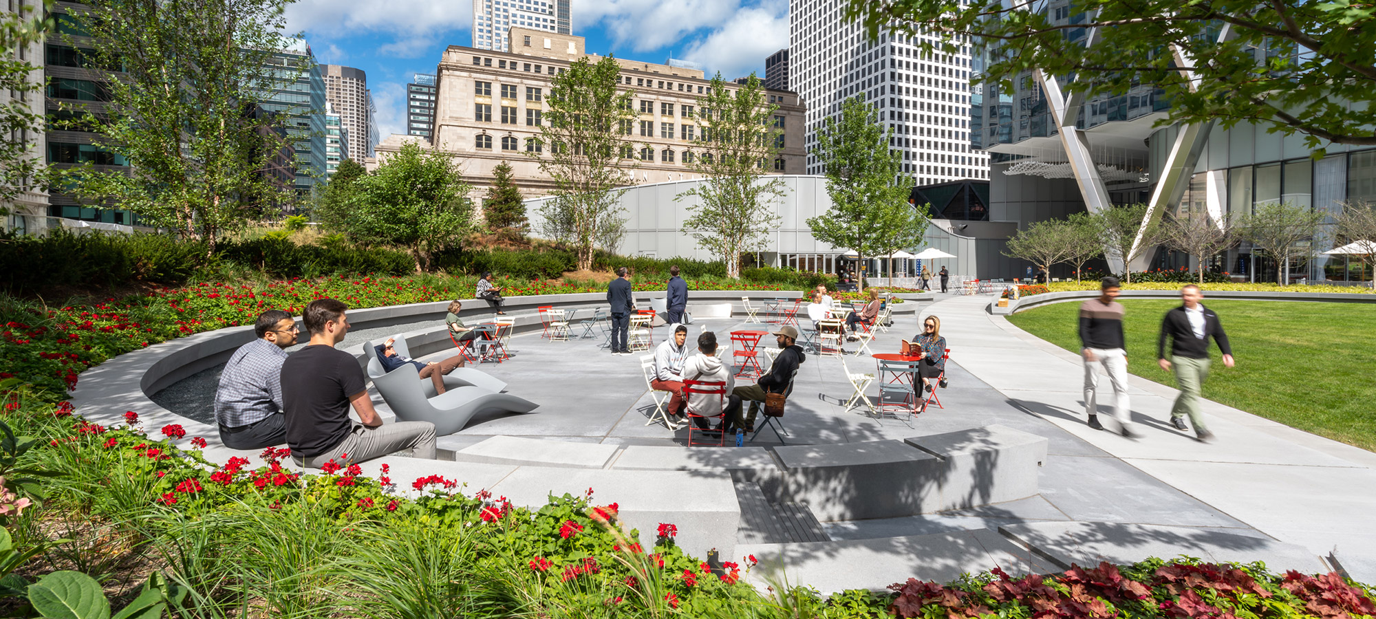 3d rendering of people enjoying a park with bistro-style seating
